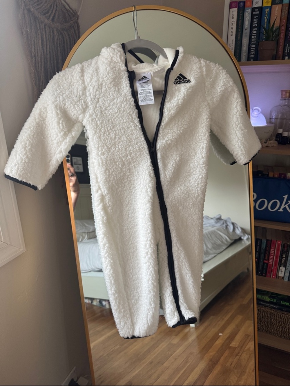 adidas White Sherpa Baby Bunting with Black Trim